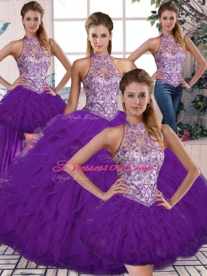 Latest Purple Sleeveless Beading and Ruffles Floor Length 15 Quinceanera Dress