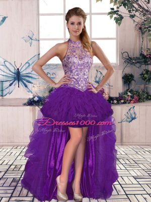 Latest Purple Sleeveless Beading and Ruffles Floor Length 15 Quinceanera Dress