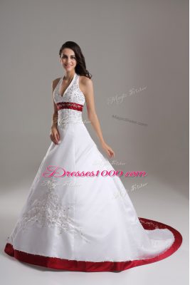 Pretty Halter Top Sleeveless Wedding Dress Brush Train Beading and Embroidery White Satin