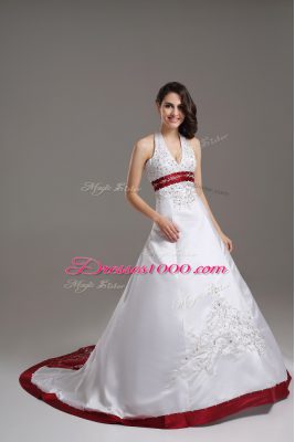 Pretty Halter Top Sleeveless Wedding Dress Brush Train Beading and Embroidery White Satin