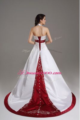 Pretty Halter Top Sleeveless Wedding Dress Brush Train Beading and Embroidery White Satin