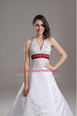 Pretty Halter Top Sleeveless Wedding Dress Brush Train Beading and Embroidery White Satin