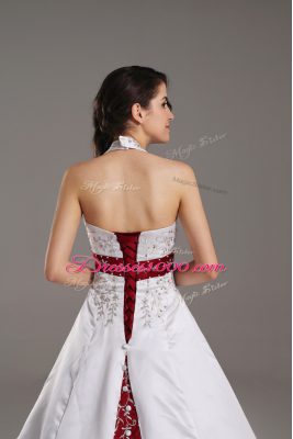 Pretty Halter Top Sleeveless Wedding Dress Brush Train Beading and Embroidery White Satin