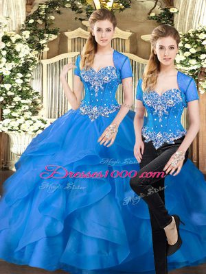 Beautiful Blue Lace Up 15 Quinceanera Dress Beading and Ruffles Sleeveless Floor Length