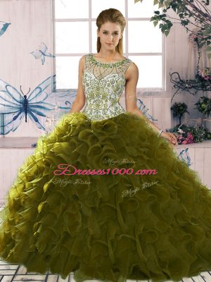 Cheap Scoop Sleeveless Lace Up Vestidos de Quinceanera Olive Green Organza