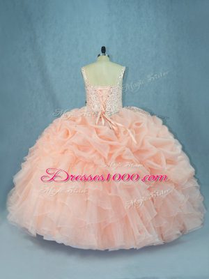 Hot Selling Peach Ball Gowns Beading 15 Quinceanera Dress Lace Up Organza Sleeveless