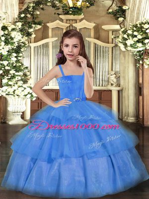 Perfect Tulle Straps Sleeveless Lace Up Ruffled Layers Party Dress Wholesale in Blue