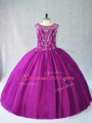 Sophisticated Tulle Scoop Sleeveless Lace Up Beading Ball Gown Prom Dress in Purple