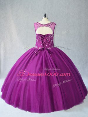 Sophisticated Tulle Scoop Sleeveless Lace Up Beading Ball Gown Prom Dress in Purple