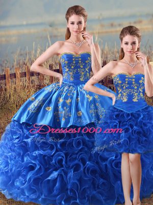 Floor Length Royal Blue Sweet 16 Quinceanera Dress Fabric With Rolling Flowers Sleeveless Embroidery and Ruffles