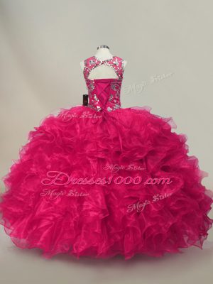 Beauteous Hot Pink 15th Birthday Dress Sweet 16 and Quinceanera with Ruffles and Sequins Sweetheart Sleeveless Lace Up