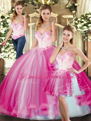 Free and Easy Sleeveless Tulle Floor Length Lace Up Quince Ball Gowns in Fuchsia with Beading