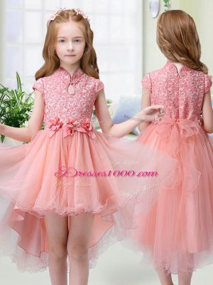 High Low Zipper Flower Girl Dress Peach for Wedding Party with Lace and Hand Made Flower