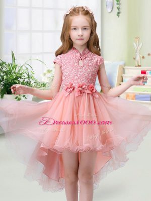 High Low Zipper Flower Girl Dress Peach for Wedding Party with Lace and Hand Made Flower