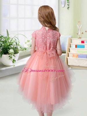 High Low Zipper Flower Girl Dress Peach for Wedding Party with Lace and Hand Made Flower