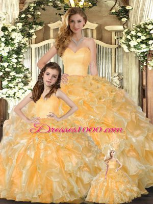 Gorgeous Gold Lace Up Sweetheart Beading and Ruffles Sweet 16 Quinceanera Dress Organza Sleeveless
