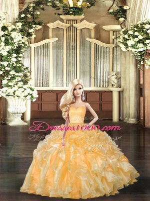 Gorgeous Gold Lace Up Sweetheart Beading and Ruffles Sweet 16 Quinceanera Dress Organza Sleeveless