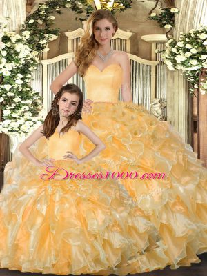 Gorgeous Gold Lace Up Sweetheart Beading and Ruffles Sweet 16 Quinceanera Dress Organza Sleeveless