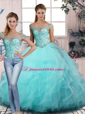 Most Popular Floor Length Aqua Blue Sweet 16 Dresses Off The Shoulder Sleeveless Lace Up