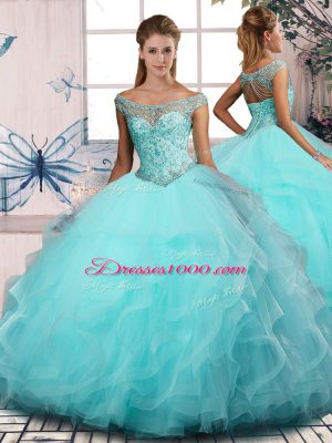 Most Popular Floor Length Aqua Blue Sweet 16 Dresses Off The Shoulder Sleeveless Lace Up