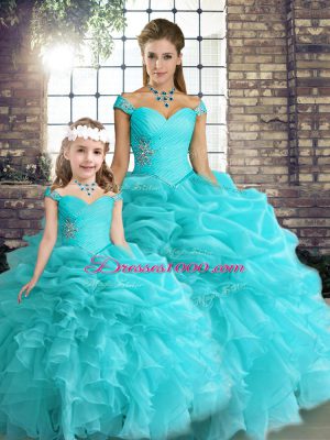 Captivating Aqua Blue Organza Lace Up Off The Shoulder Sleeveless Floor Length Vestidos de Quinceanera Beading and Ruffles and Pick Ups