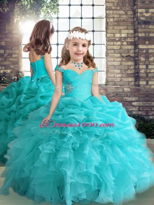 Captivating Aqua Blue Organza Lace Up Off The Shoulder Sleeveless Floor Length Vestidos de Quinceanera Beading and Ruffles and Pick Ups