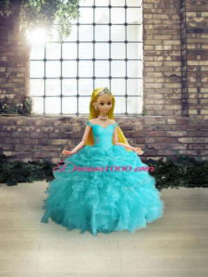 Captivating Aqua Blue Organza Lace Up Off The Shoulder Sleeveless Floor Length Vestidos de Quinceanera Beading and Ruffles and Pick Ups