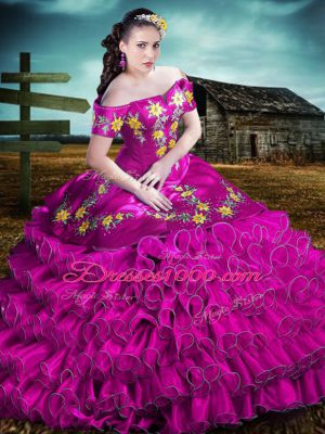 Smart Floor Length Fuchsia 15 Quinceanera Dress Off The Shoulder Sleeveless Lace Up