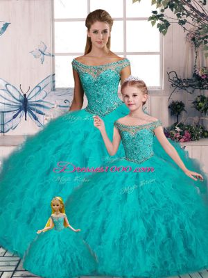 Luxury Sleeveless Tulle Brush Train Lace Up Sweet 16 Quinceanera Dress in Aqua Blue with Beading and Ruffles