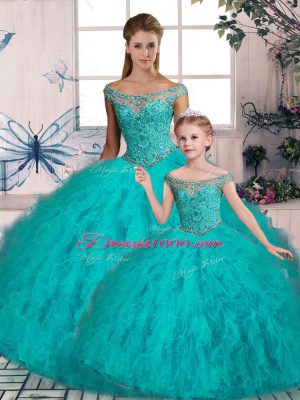 Luxury Sleeveless Tulle Brush Train Lace Up Sweet 16 Quinceanera Dress in Aqua Blue with Beading and Ruffles