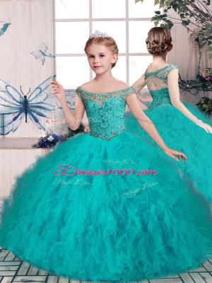 Luxury Sleeveless Tulle Brush Train Lace Up Sweet 16 Quinceanera Dress in Aqua Blue with Beading and Ruffles