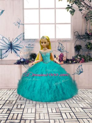 Luxury Sleeveless Tulle Brush Train Lace Up Sweet 16 Quinceanera Dress in Aqua Blue with Beading and Ruffles