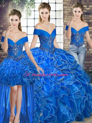 Royal Blue Vestidos de Quinceanera Military Ball and Sweet 16 and Quinceanera with Beading and Ruffles Off The Shoulder Sleeveless Lace Up