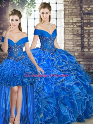 Royal Blue Vestidos de Quinceanera Military Ball and Sweet 16 and Quinceanera with Beading and Ruffles Off The Shoulder Sleeveless Lace Up