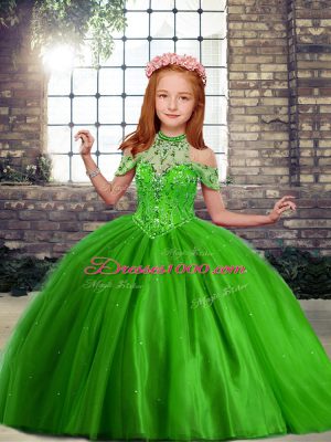 Green Sleeveless Beading Floor Length Juniors Party Dress