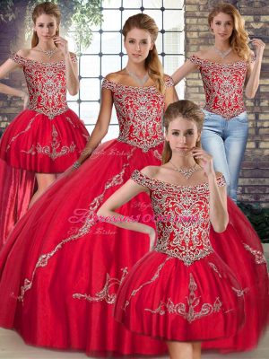 Designer Floor Length Lace Up Quinceanera Gowns Red for Military Ball and Sweet 16 and Quinceanera with Beading and Embroidery