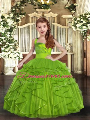 Olive Green Lace Up Pageant Gowns For Girls Ruffles Sleeveless Floor Length