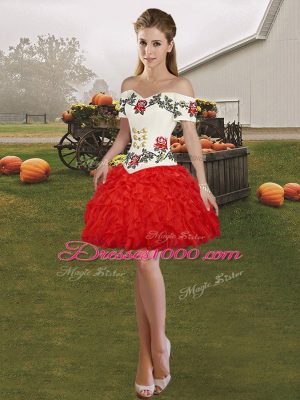 Floor Length Lace Up Quinceanera Dress White And Red for Military Ball and Sweet 16 and Quinceanera with Embroidery and Ruffles