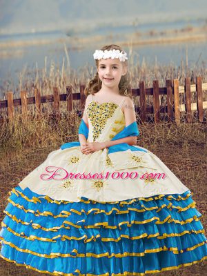 On Sale Floor Length Lace Up Girls Pageant Dresses Baby Blue for Wedding Party with Beading and Embroidery and Ruffled Layers