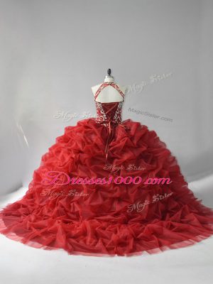 Lace Up Sweet 16 Dresses Wine Red for Sweet 16 and Quinceanera with Beading and Pick Ups Court Train