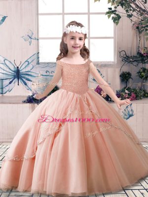 Off The Shoulder Sleeveless Tulle Pageant Dress Beading Lace Up