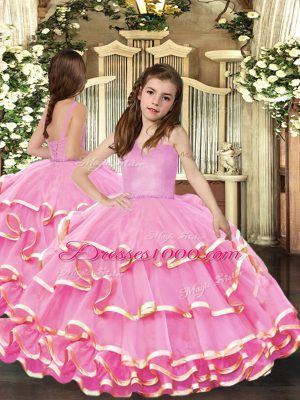 Super Pink Organza Lace Up Straps Sleeveless Floor Length Custom Made Pageant Dress Beading and Ruffled Layers