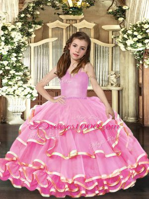 Super Pink Organza Lace Up Straps Sleeveless Floor Length Custom Made Pageant Dress Beading and Ruffled Layers