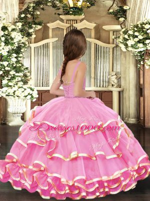 Super Pink Organza Lace Up Straps Sleeveless Floor Length Custom Made Pageant Dress Beading and Ruffled Layers