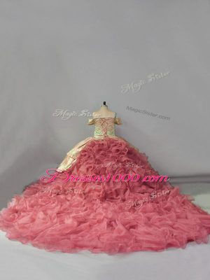 Pink Ball Gowns Embroidery and Ruffles Quinceanera Dresses Lace Up Organza Sleeveless Floor Length