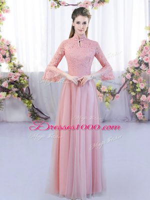 Custom Fit Pink 3 4 Length Sleeve Floor Length Lace Zipper Wedding Guest Dresses