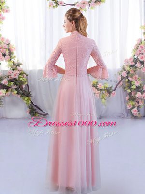 Custom Fit Pink 3 4 Length Sleeve Floor Length Lace Zipper Wedding Guest Dresses