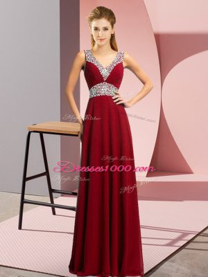 Fantastic Burgundy Evening Outfits Prom and Party with Beading V-neck Sleeveless Lace Up