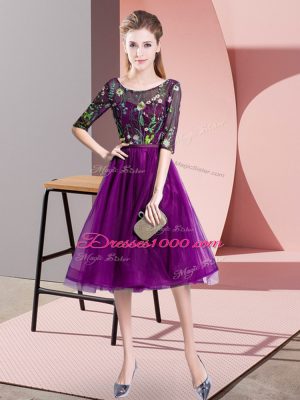 Latest Purple Half Sleeves Embroidery Knee Length Dama Dress for Quinceanera