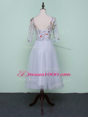 Latest Purple Half Sleeves Embroidery Knee Length Dama Dress for Quinceanera